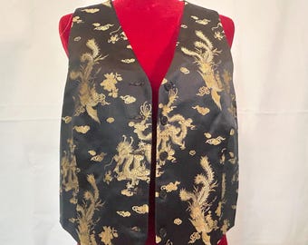 Chaleco vintage de brocado Karen Kane de los años 90, nuevo con etiquetas, diseño de dragón y fénix dorado, motivos asiáticos orientales, hecho en EE. UU., talla XL.