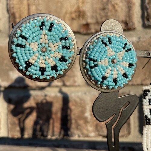 Art Deco Blue White Black Native American fringed seed beads earrings shops - Long earrings - Handmade Jewelry