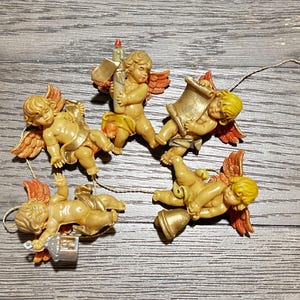 Vintage Italian Cherub Angel Ornaments - Hand Painted Resin, Gilded Wings - Set of 5