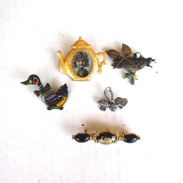 Lovely Antique Art Deco brooches set of 5 - Grasshopper Jades - Ballou REG'D bee-Picture Frame Pin/Enamel flower Black Gold/Enamel duck