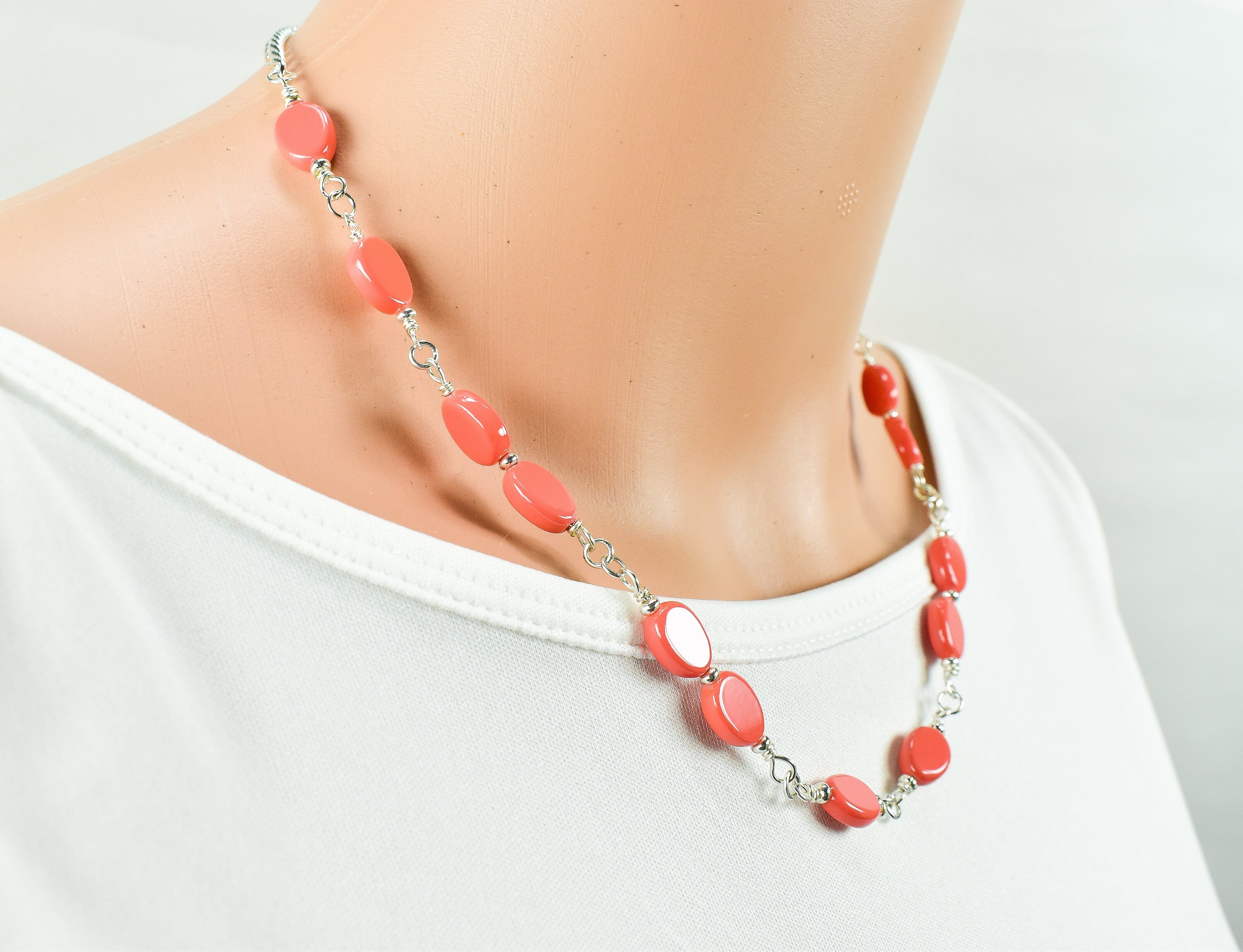 Coral Color Necklace Coral Color Beaded Silver Chain Small Etsy