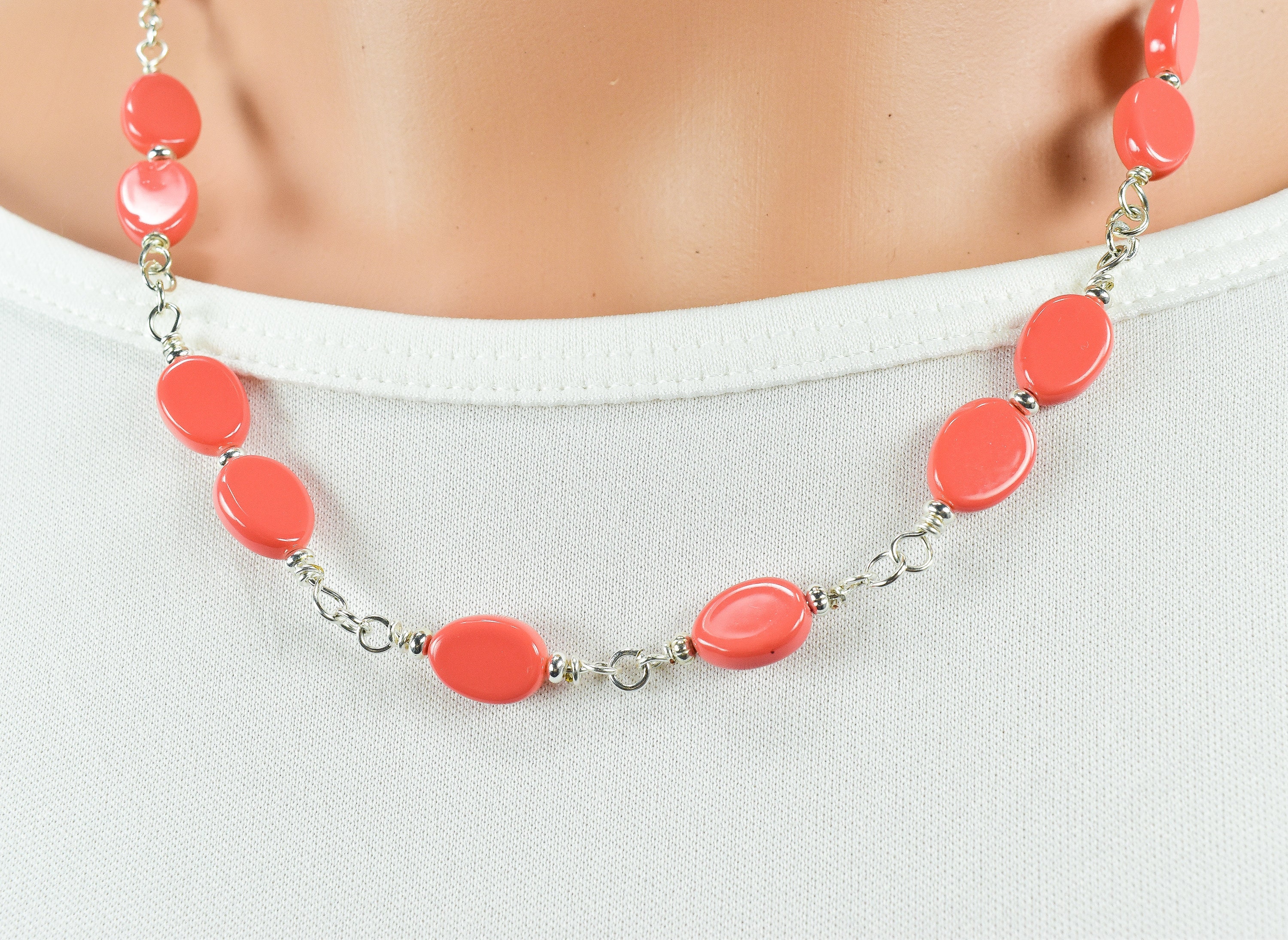 Coral Color Necklace Coral Color Beaded Silver Chain Small Etsy