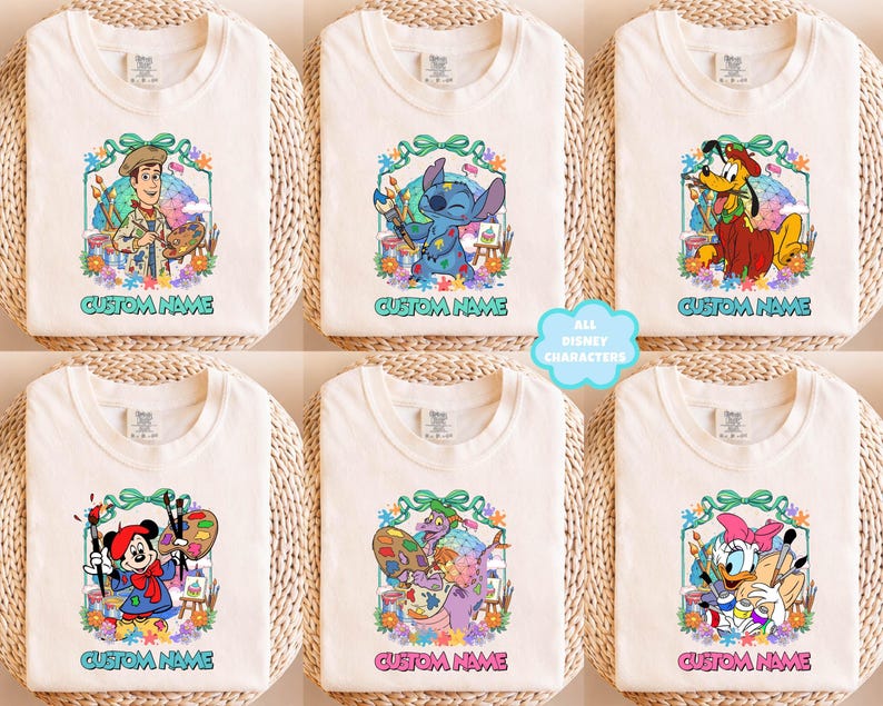 The image is a collage of six white t-shirts, each featuring a different cartoon character from Disney and Pixar. The characters include Woody, Stitch, Mickey Mouse, Donald Duck, Donald Duck's friend, and Donald Duck's daughter. The t-shirts are arranged in a grid format, with each t-shirt having a unique design and character on it.
