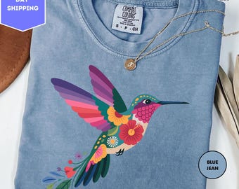 Comfort Colors Floral Hummingbird Shirt, Animal Lover Shirt, Bird Shirt, Bird Lover T-Shirt, Spring Birds Shirt, Flower Shirt, Animal Shirt