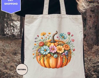 Fall Pumpkin Tote Bag, Floral Pumpkin Tote, Autumn Market Bag, Thanksgiving Tote, Fall Flowers Bag, Reusable Canvas Tote, Farmhouse Autumn