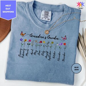 Comfortkleuren oma- en tuinshirt met gepersonaliseerd overhemd met geboortebloemen, gepersonaliseerd bloemenshirt, Moederdagshirt, oma-tuinshirt