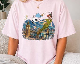 Peter Pan Vintage Shirt, Retro Tinkerbell Wendy Flying Over London Tee, Magical Family Vacation Comfort Colors Pepper T-Shirt