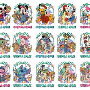 a collage of 12 cartoon character illustrations, each with a unique name. The characters include Minnie Mouse, Mickey Mouse, Donald Duck, Goofy, Eeyore, Tigger, Woody, Baby Yoda, Stitch, and other popular Disney characters.