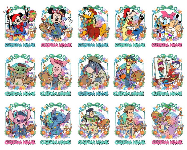a collage of 12 cartoon character illustrations, each with a unique name. The characters include Minnie Mouse, Mickey Mouse, Donald Duck, Goofy, Eeyore, Tigger, Woody, Baby Yoda, Stitch, and other popular Disney characters.