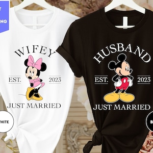 Custom Mickey Husband and Minnie Wifey Shirt, Just Married Disney Couples Matching Shirt, Mickey and Minnie Mouse, Disney Honeymoon Trip Tee