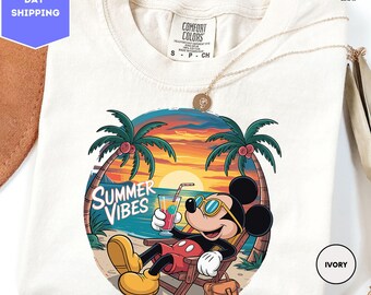 Comfortkleuren Mickey Summer Vibes-shirt, familiematching zomervakantieshirt, shirt zomerreis, Mickey Mouse Beach-shirt, Disney-shirt