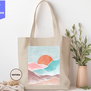 Retro Sunset Wavy Tote Bag, Sun Tote Bag, Retro Sunshine Tote Bag, Sun Rays Tote Bag, Beachy Vibes Tote, Retro Summer Tote, Sunset Tote Bag