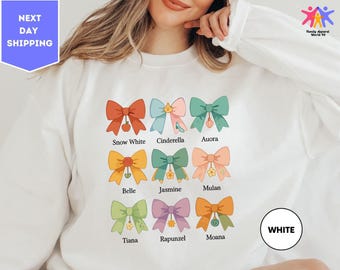 Coquette Bows Watercolor Disney Princess Sweatshirt, Disney Aurora Ariel Belle Cinderella Tiana Sweatshirt, Magic Kingdom Disneyland Sweater