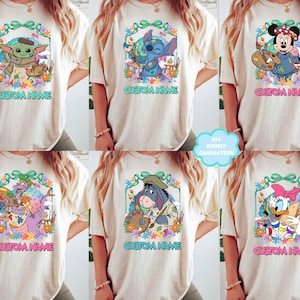 The image is a collage of six images featuring cartoon characters from popular Disney animated films, including characters like Baby Yoda, Stitch, Mickey Mouse, Eeyore, and Donald Duck. Each image has a unique design and is labeled with the character's name, suggesting that these are custom t-shirts or merchandise featuring these characters.