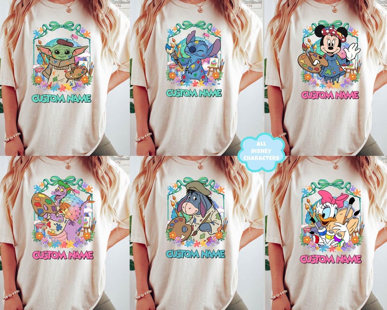 The image is a collage of six images featuring cartoon characters from popular Disney animated films, including characters like Baby Yoda, Stitch, Mickey Mouse, Eeyore, and Donald Duck. Each image has a unique design and is labeled with the character's name, suggesting that these are custom t-shirts or merchandise featuring these characters.