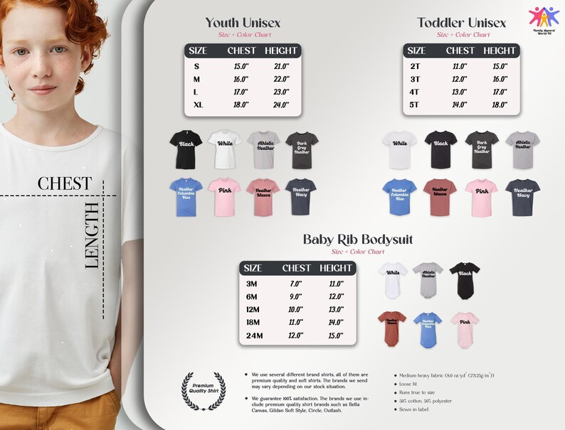 The image is a collage of various images, including a young girl with red hair, a white shirt, and different colored t-shirts. The collage also includes a chart with size and chest height information for different age groups, as well as a chart with size and chest height information for different age groups.