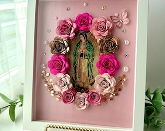 Virgen de Guadalupe Art: Handmade Paper Flower Frame (9x11)