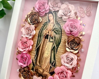 9x11 Cuadro Virgen de Guadalupe con flores rosadas