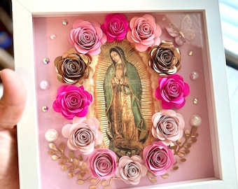 Mothers day gift, 9x9 Virgen de Guadalupe shadow box with paper flowers