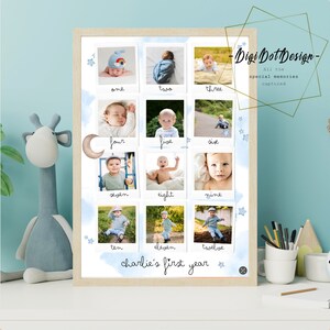 Bebê personalizado primeiro ano, número UM, 1 ano de idade, marco 12 meses pôster fotográfico primeiro aniversário fotografia colagem arte presente menino menina