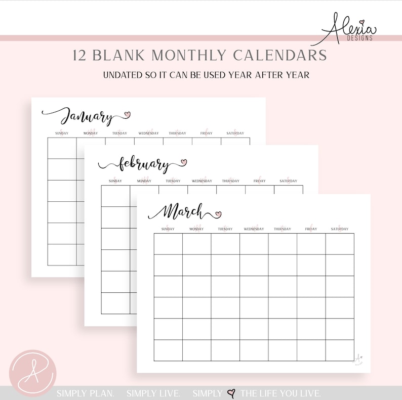 undated monthly calendar printable pdf etsy