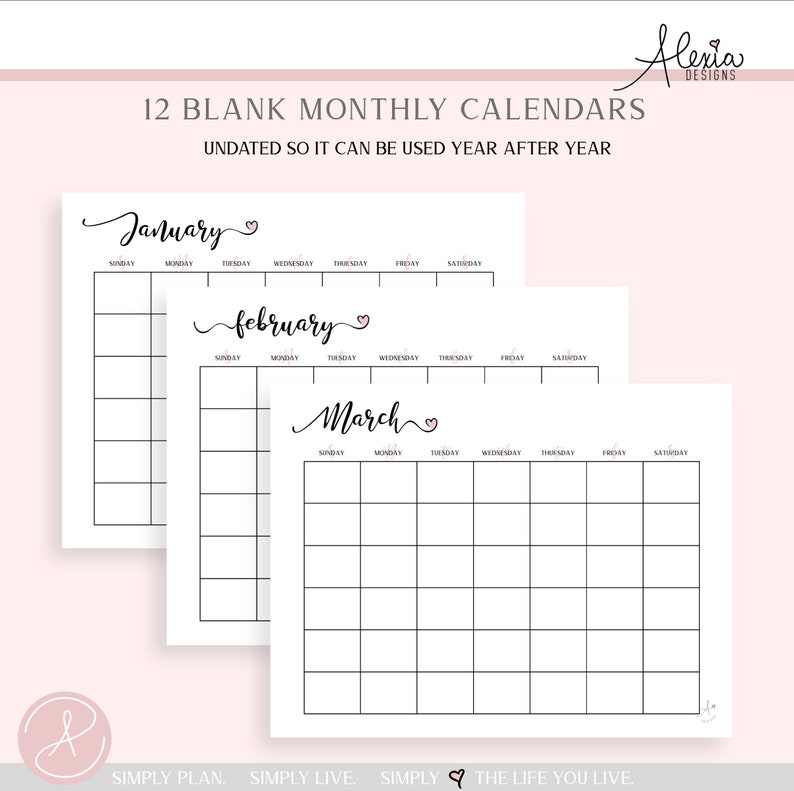 Undated Monthly Calendar Printable PDF Etsy