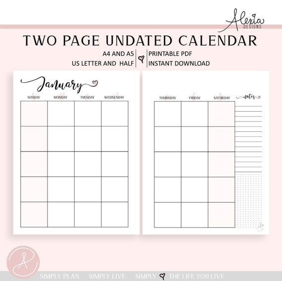 two page undated monthly calendar printable pdf etsy