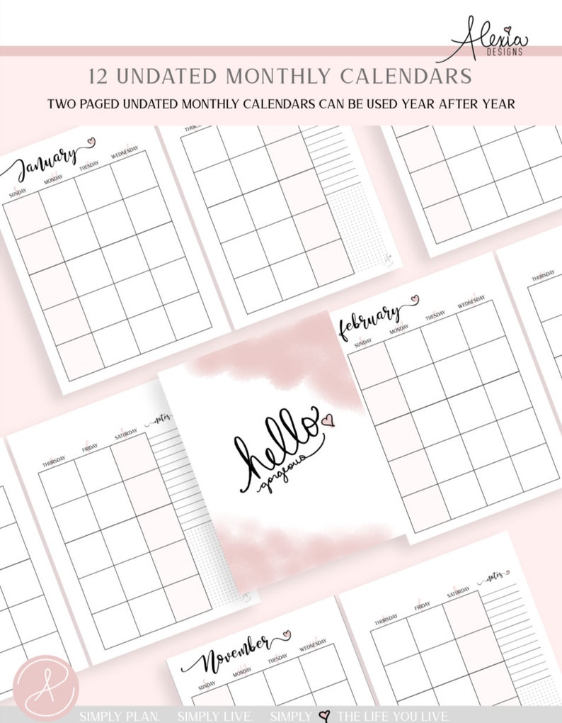 two page undated monthly calendar printable pdf etsy