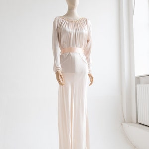 Vintage 1930&#39;s Silk Satin Bridal Dress with Pearl Beaded Neckline