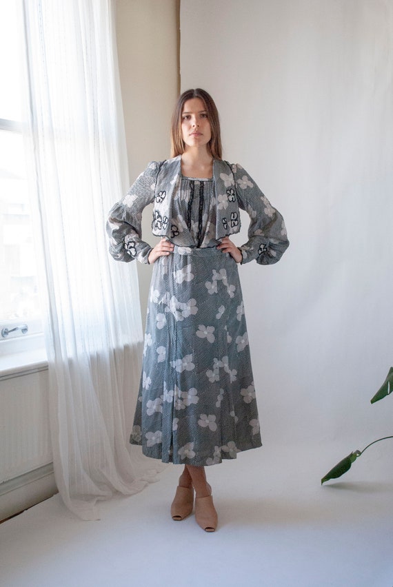 RARE 1930's Floral Printed Silk Day Dress with Bis