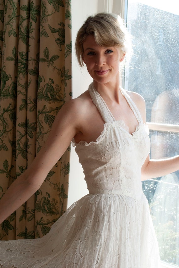 Vintage 1950/'s Cotton Organza Cutwork Floral Halter-neck Dress Bridal Gown