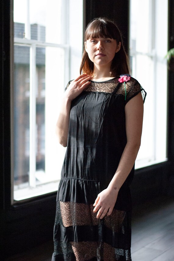 Vintage 1920's Silk and Lace Insert Dress with Cor
