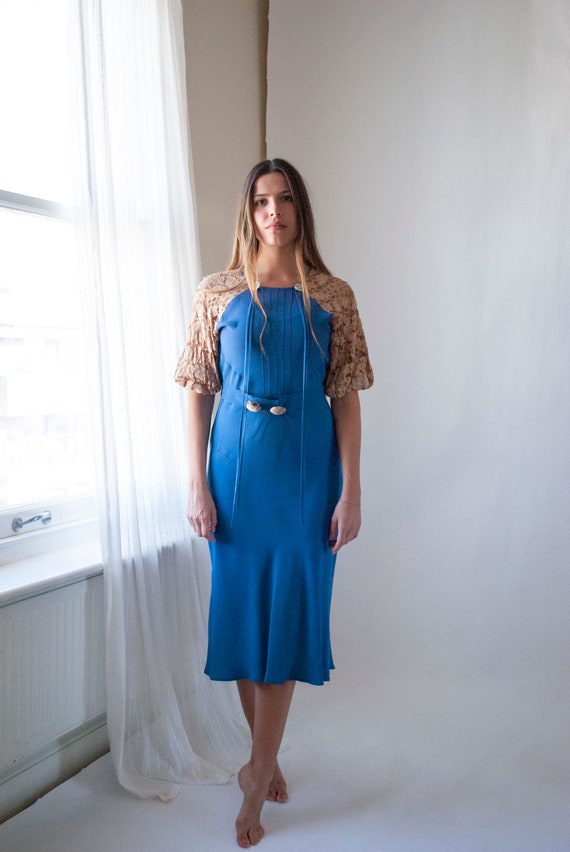 1930's Silk Crepe Day Dress with Lace Balloon Slee