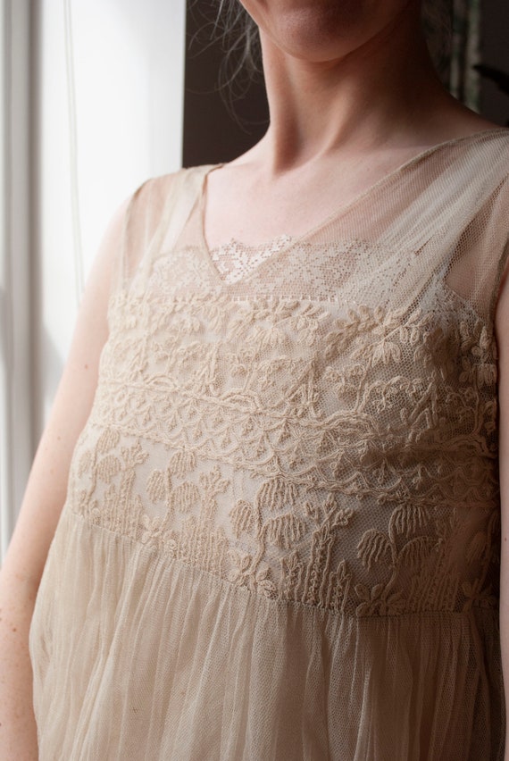 RARE Vintage 1930's Antique Embroidered Tulle Dre… - image 4