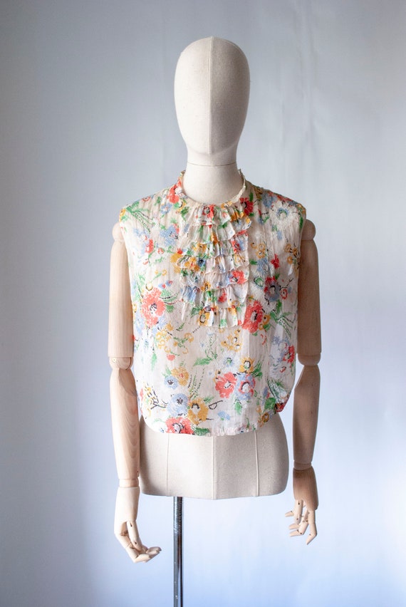 Vintage 1930's Printed Cotton Blouse with Floral D