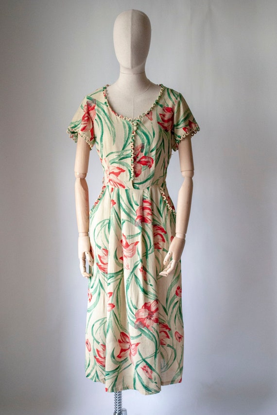 Vintage 1940's Printed Linen Dress