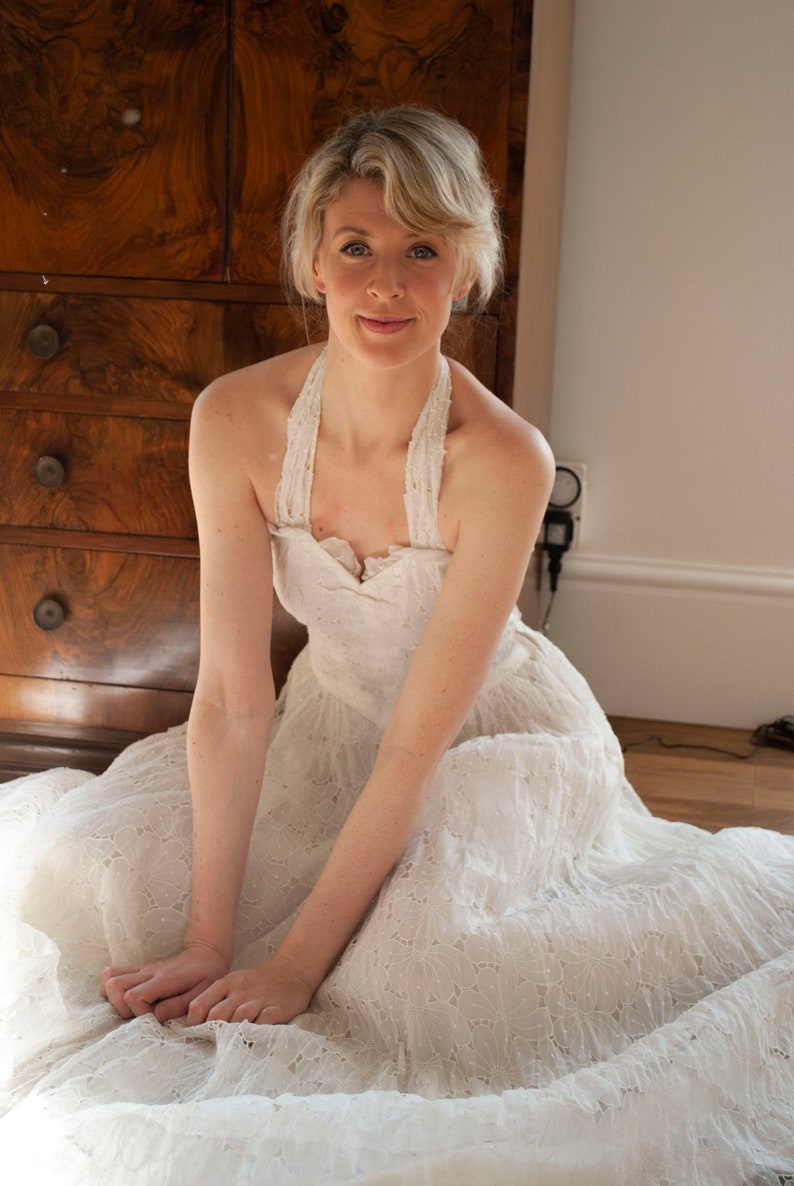 Vintage 1950/'s Cotton Organza Cutwork Floral Halter-neck Dress Bridal Gown