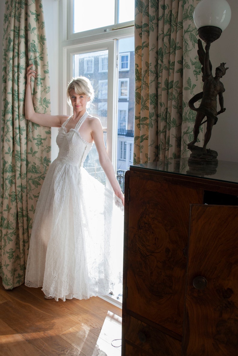 Vintage 1950/'s Cotton Organza Cutwork Floral Halter-neck Dress Bridal Gown