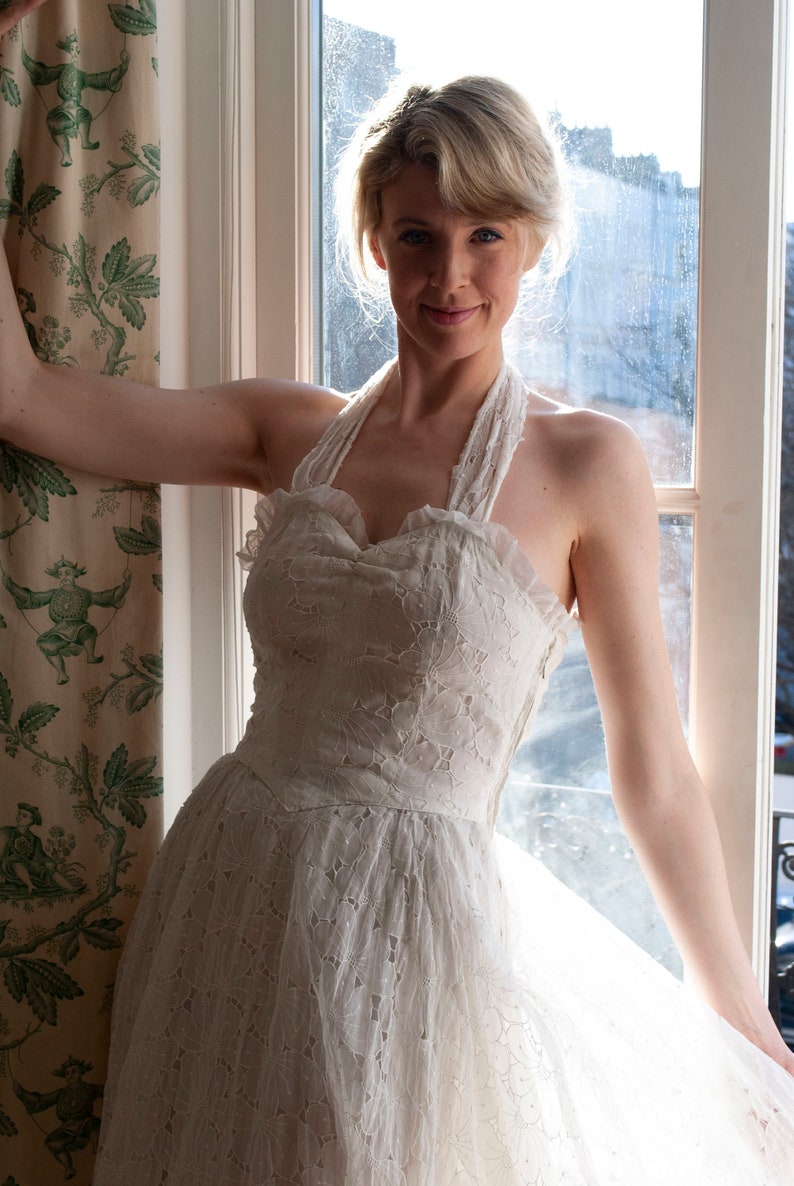 Vintage 1950/'s Cotton Organza Cutwork Floral Halter-neck Dress Bridal Gown