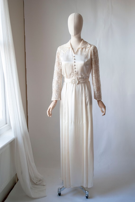 1940's Rayon Satin Bridal Dress with Contrast Lace