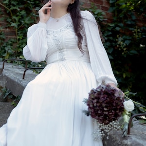 Vintage 1940&#39;s Chiffon Beaded Bridal Dress with Bishop Sleeves