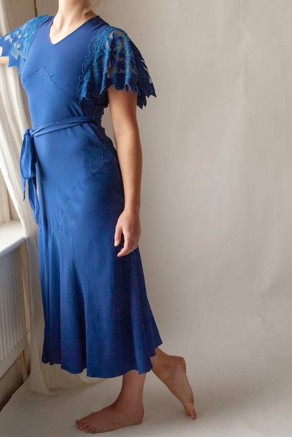 Vintage 1930's Rayon Crepe Dress with Cutwork Flut