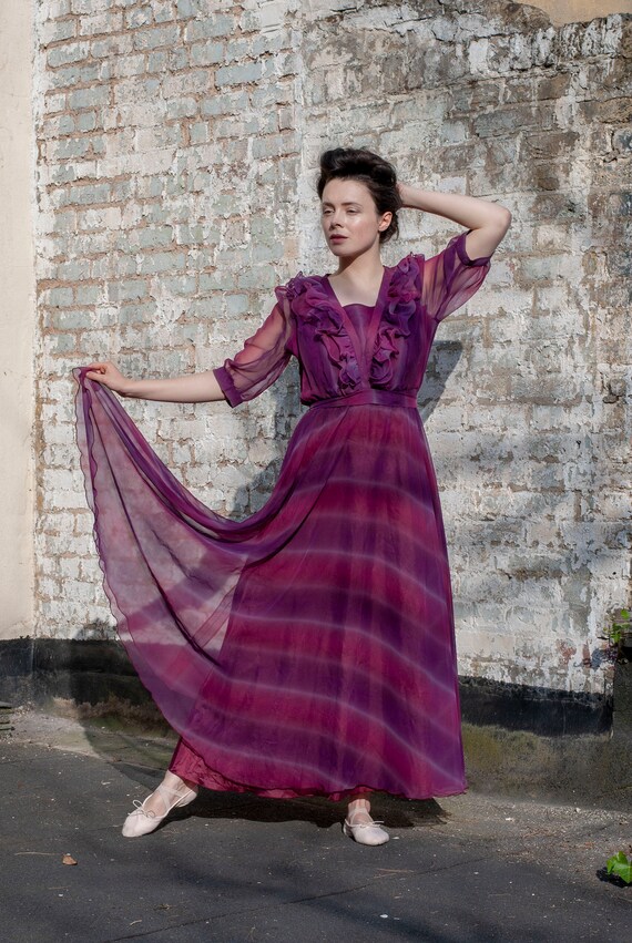 Vintage 1970's Chiffon Dress with Ruffle Collar an