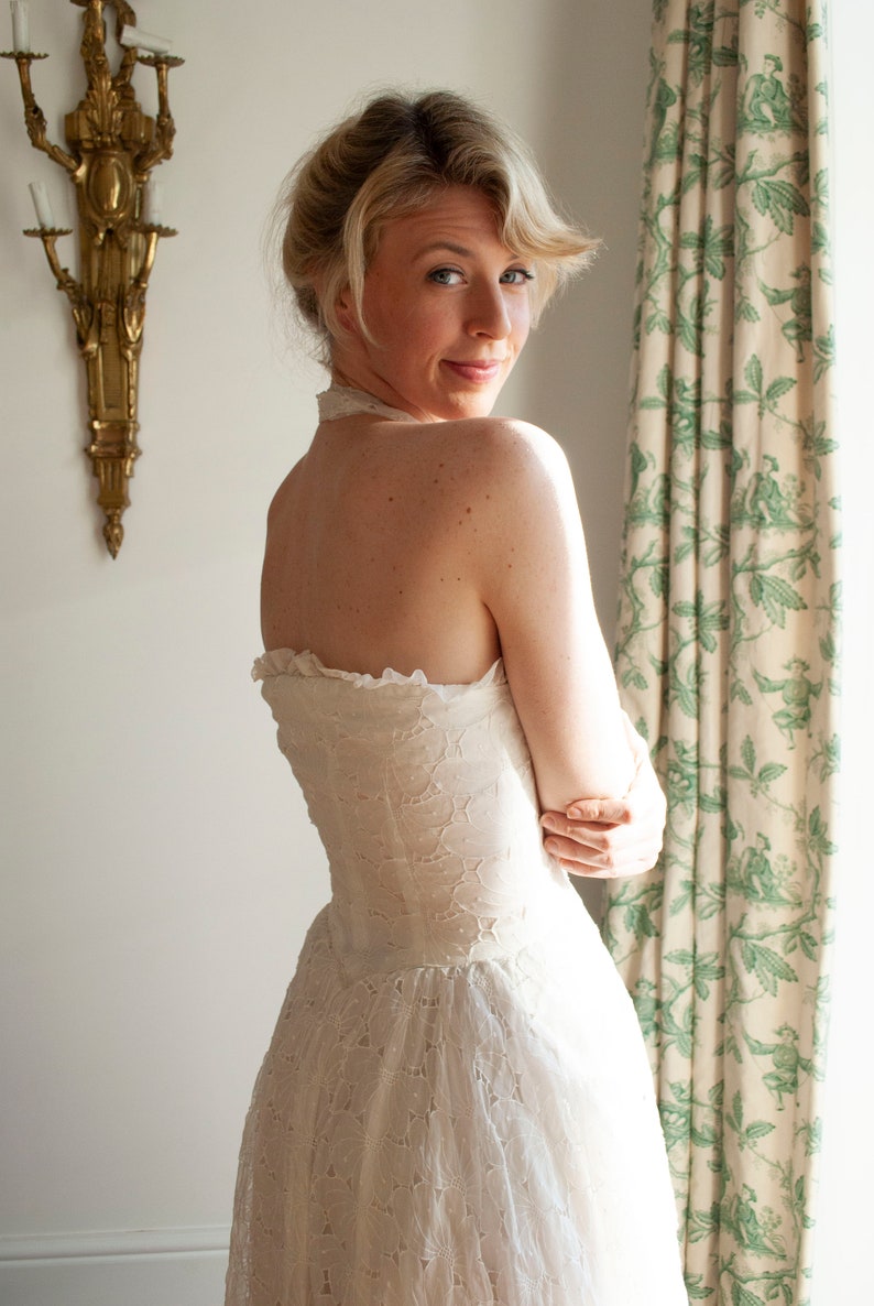 Vintage 1950/'s Cotton Organza Cutwork Floral Halter-neck Dress Bridal Gown