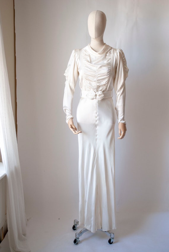 1930's Rayon Satin Bias Cut Bridal Dress with a Ru