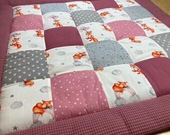 Krabbeldecke Babydecke  Patchworkdecke Fuchs Waldtiere Waffelstoff Alt Rosa 105x105