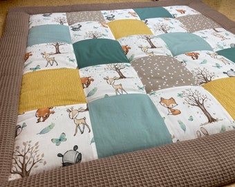 Krabbeldecke Babydecke  Patchworkdecke Waldtiere Waffelstoff 100x100