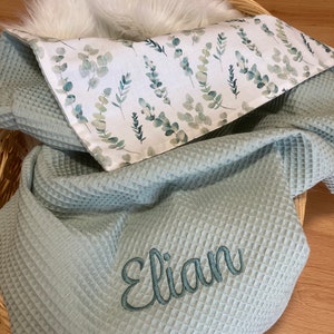 Baby blanket with name / waffle pique / cotton / eucalyptus / 80x70/2-ply