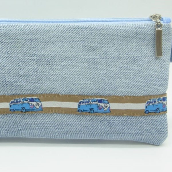 Jeansmäppchen 'Retro-Bus', Camper Bus, Vintage, Auto, Smartphonetasche, Upcycling, Geschenk Mann, Unikat hessmade