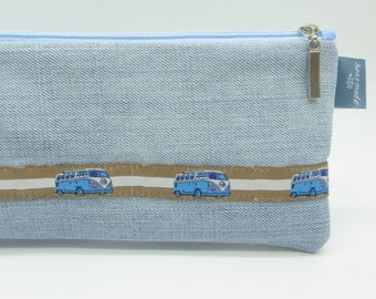 Jeansmäppchen 'Retro-Bus', Camper Bus, Vintage, Auto, Smartphonetasche, Upcycling, Geschenk Mann, Unikat hessmade